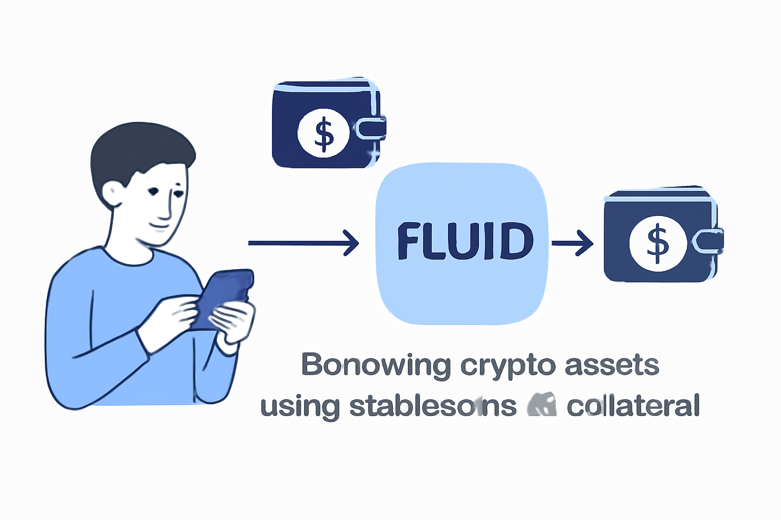 A user borrowing crypto assets using stablecoins as collateral, with arrows showing assets moving between wallets and the Fluid platform.