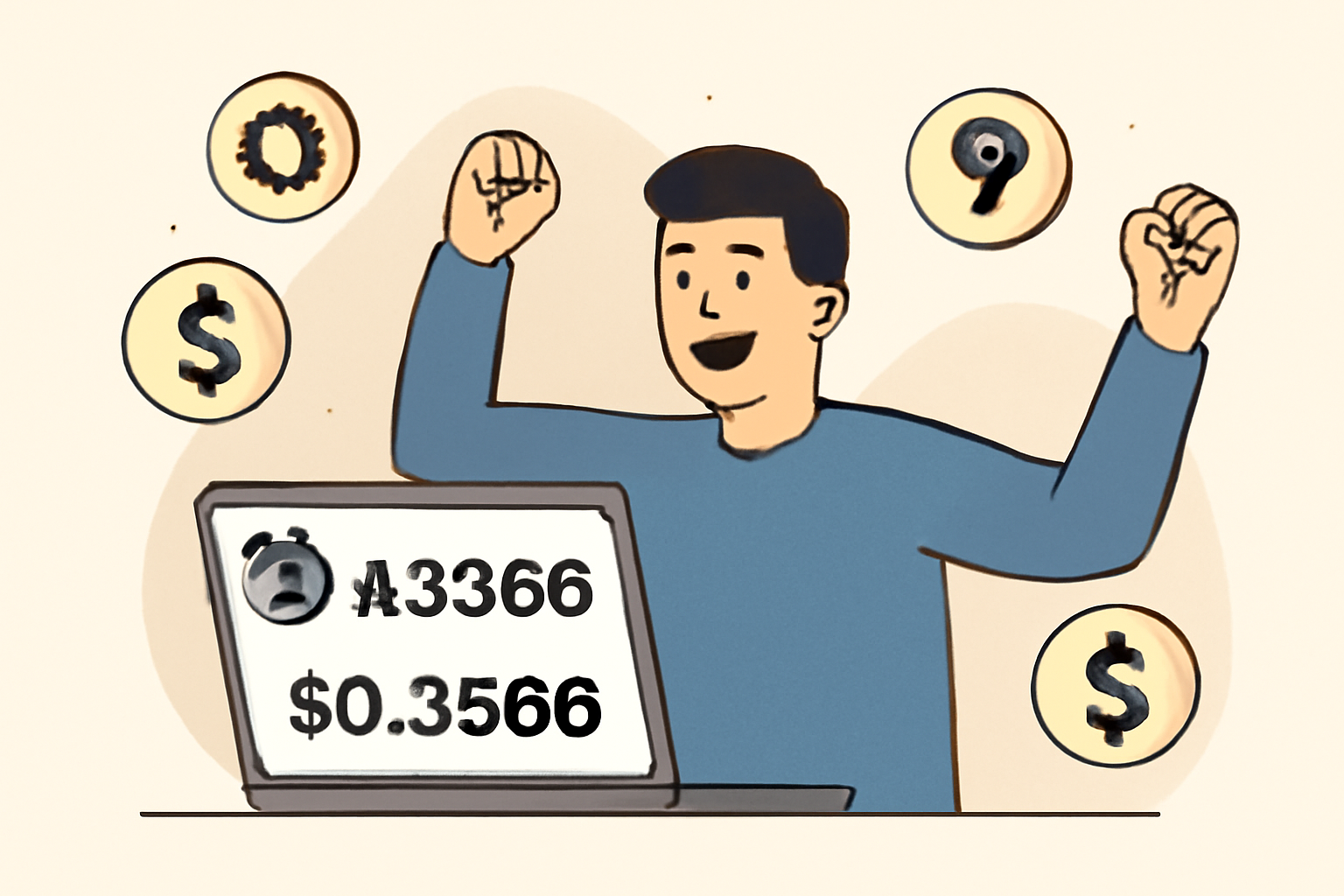 A user celebrating as ARB tokens and dollar signs appear on their screen, with the price $0.3566 clearly displayed.