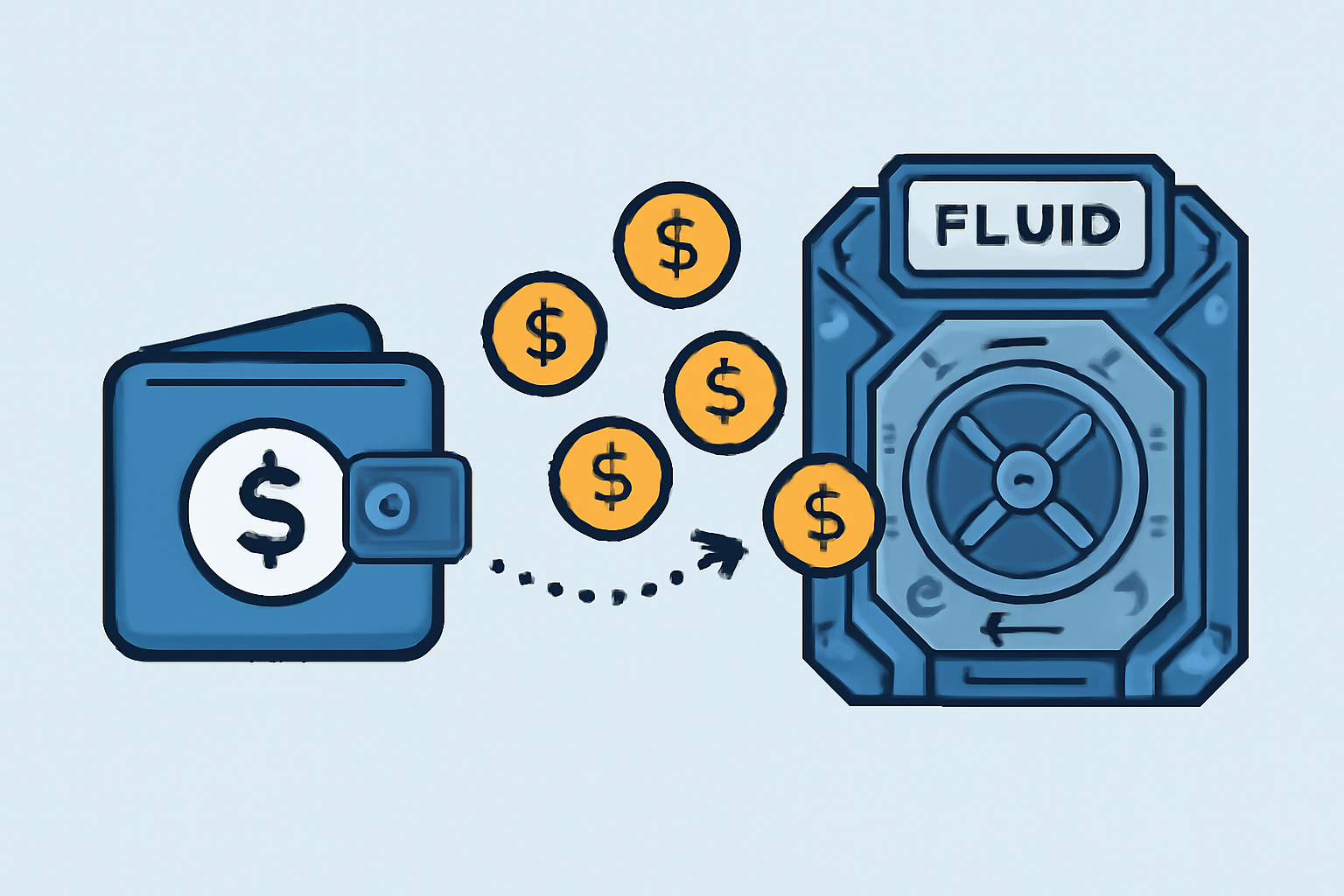 A digital wallet transferring stablecoins into a lending protocol, coins flowing into a futuristic vault labeled 'Fluid'.