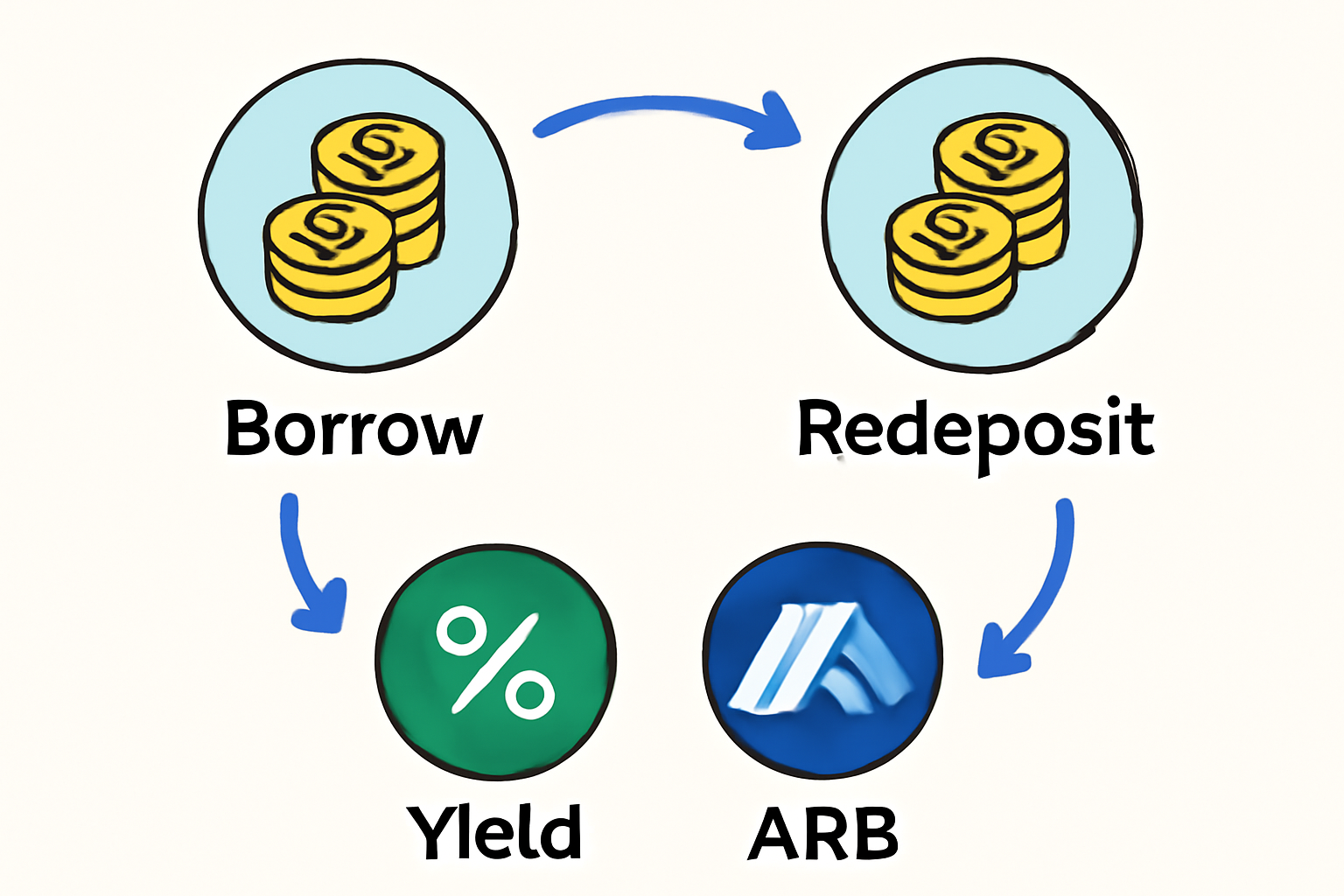 A looping cycle of stablecoins being borrowed and redeposited, with yield and ARB tokens accumulating, in a clear infographic style.