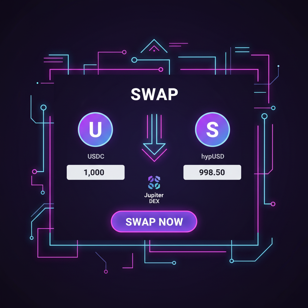 Solana wallet interface swapping USDC to hypUSD on Jupiter DEX, vibrant purple neon, futuristic UI