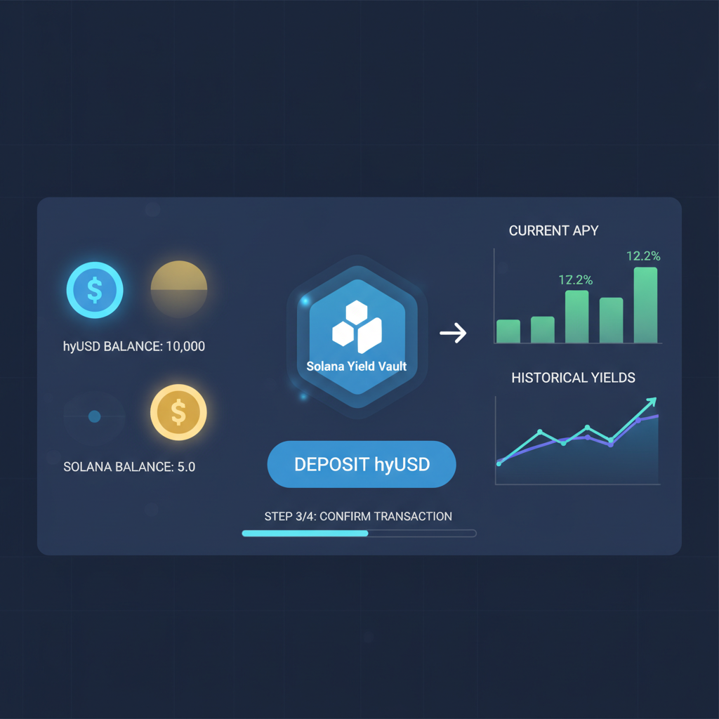 hypUSD deposit into Solana yield vault dashboard, glowing stablecoin icons, charts showing APY