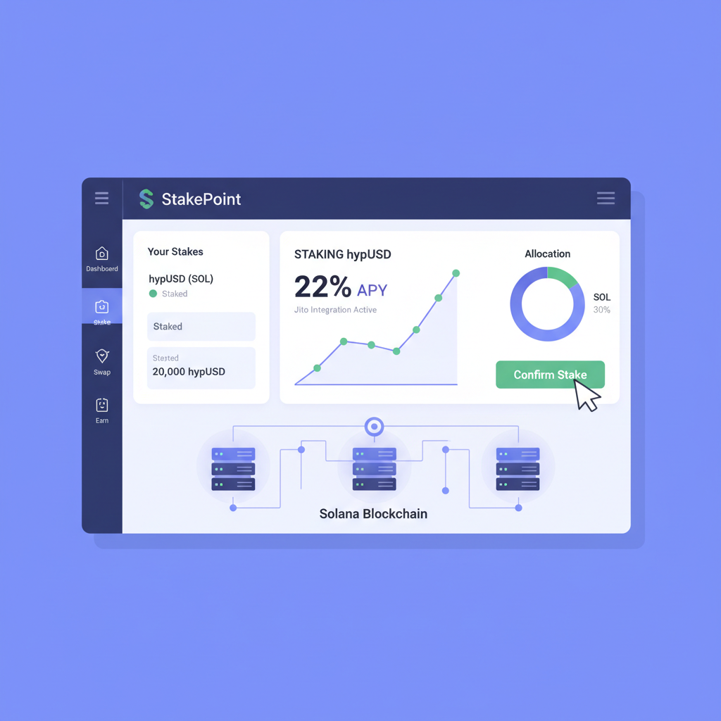 StakePoint dashboard staking hypUSD with Jito integration, 22% APY chart, Solana blockchain nodes