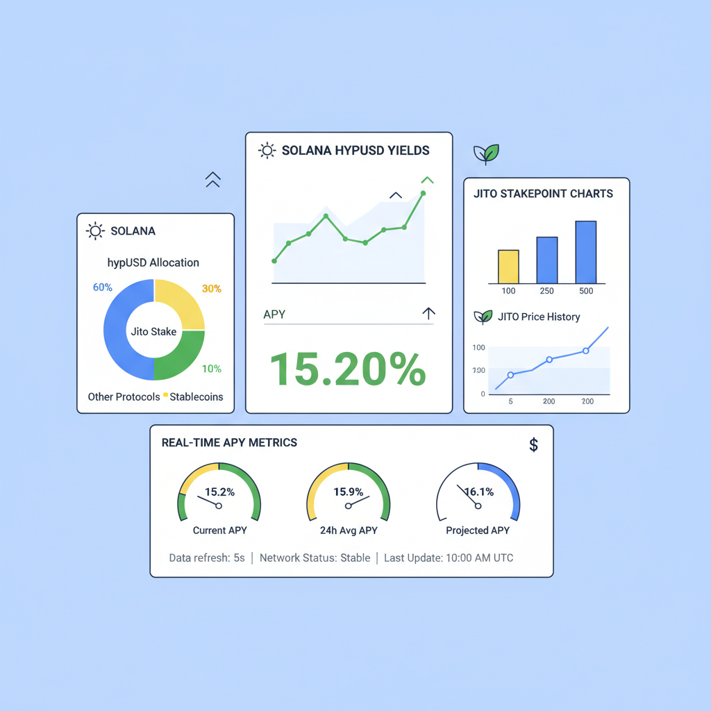 Multi-dashboard monitoring hypUSD yields on Solana, Jito StakePoint charts, real-time APY metrics