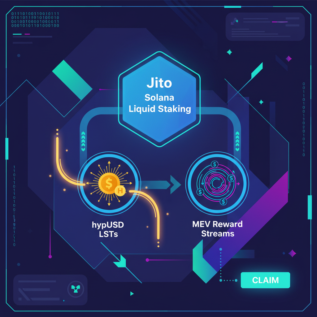 Jito Solana liquid staking interface, hypUSD LSTs glowing, MEV reward streams, cyberpunk style