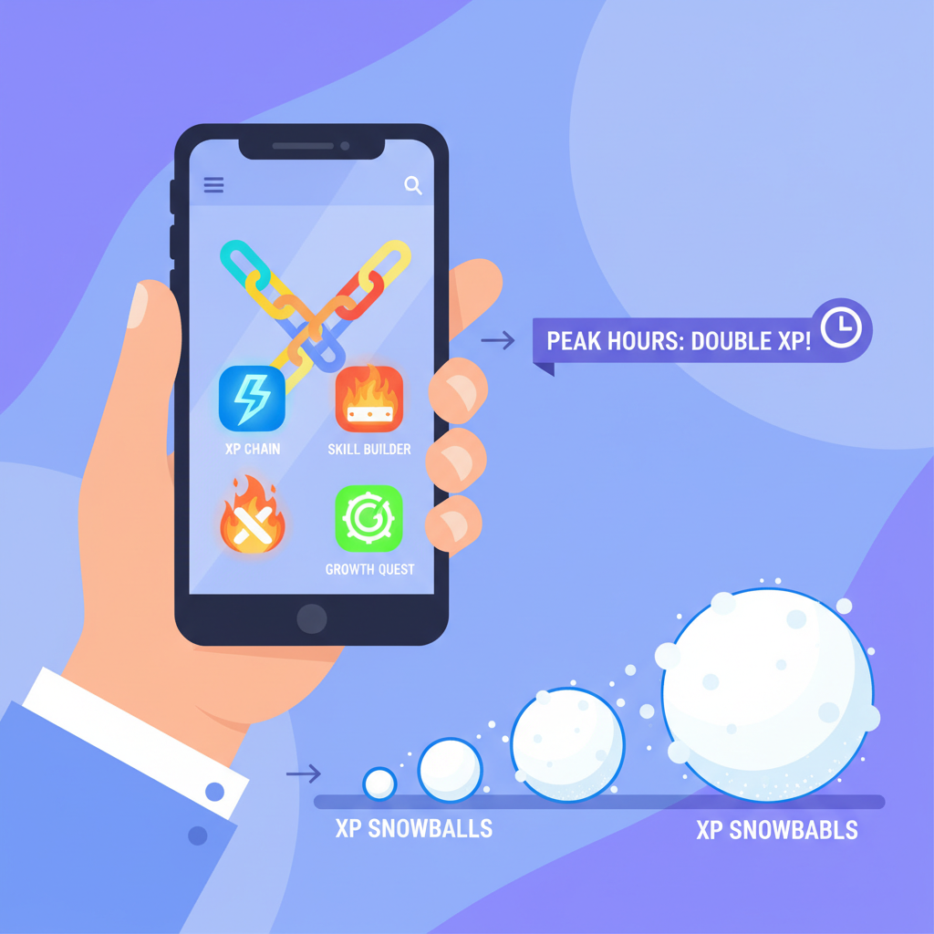 user interacting with vibrant Abstract Chain apps on phone, XP snowballs rolling and growing during peak hours