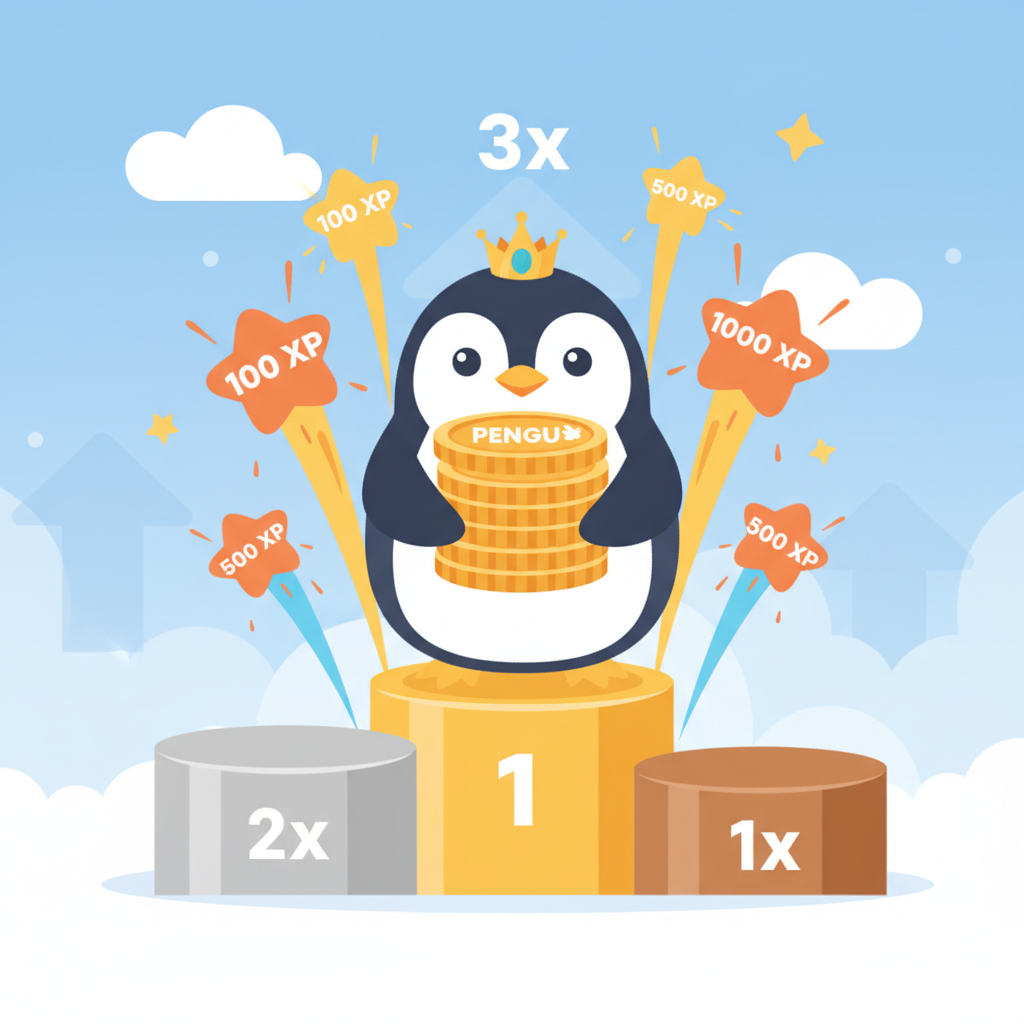 cute pudgy penguin holding PENGU tokens on tiered podiums gold silver bronze, XP multipliers exploding upward