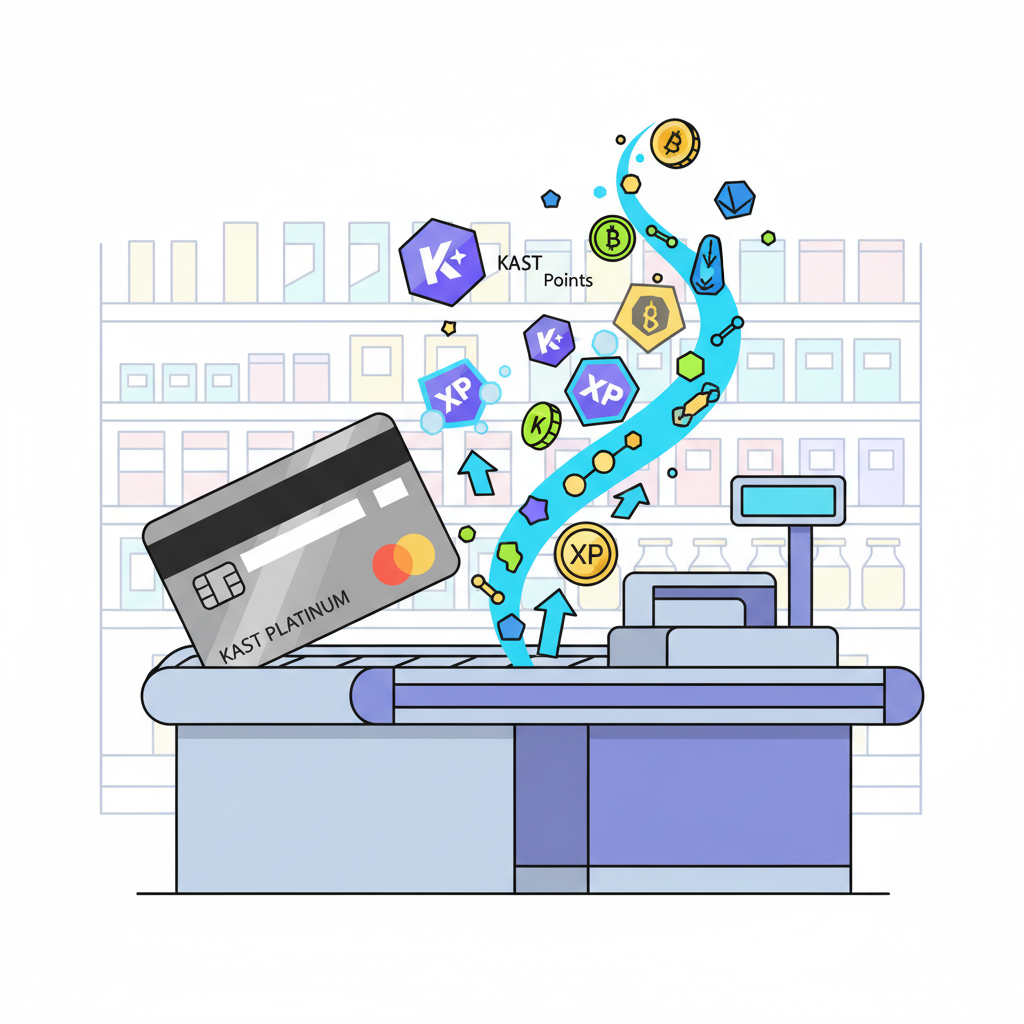 platinum credit card swiped at grocery store checkout, floating KAST points and XP icons, vibrant crypto rewards theme