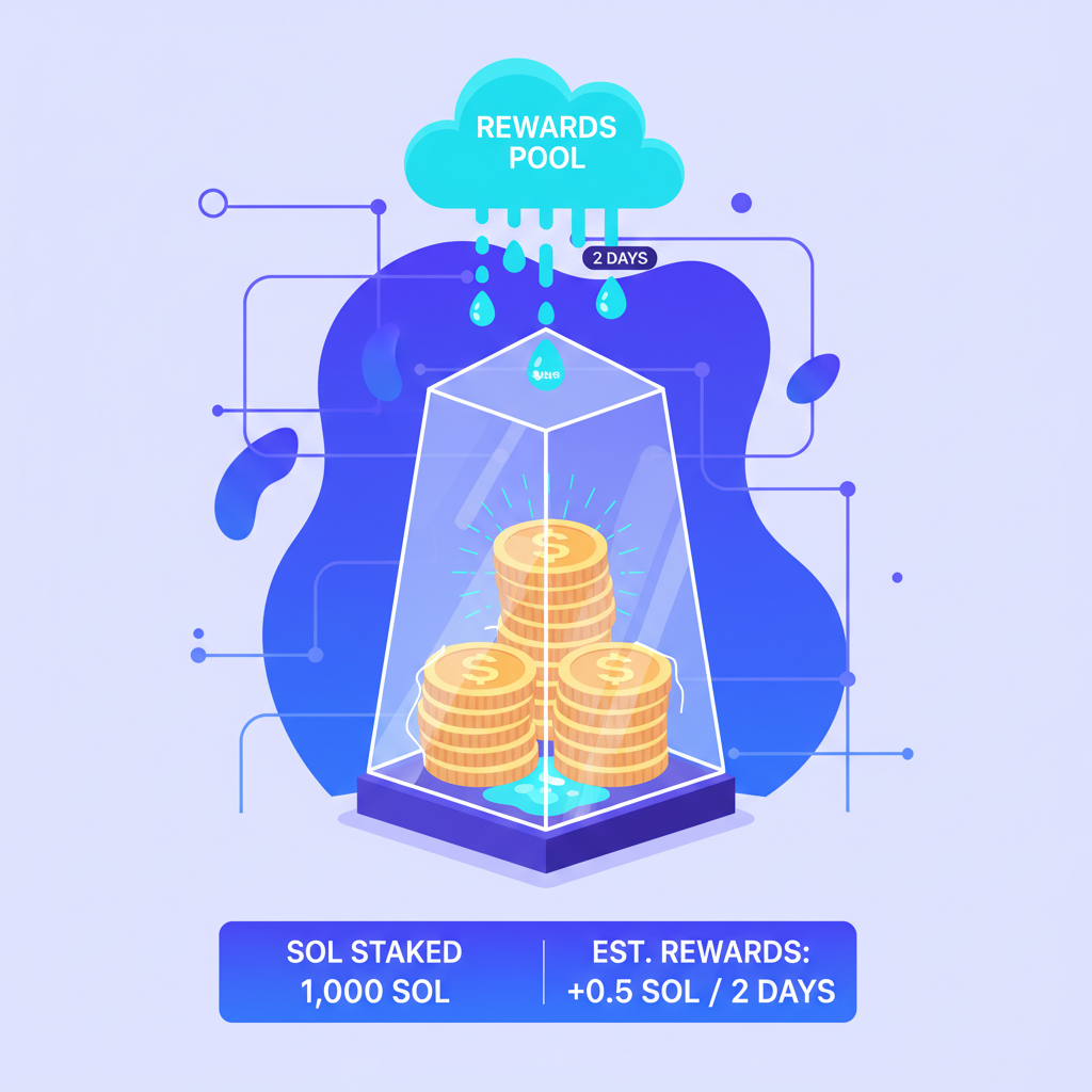 SOL coins staked in glowing vault, points dripping like water every two days, futuristic crypto staking scene