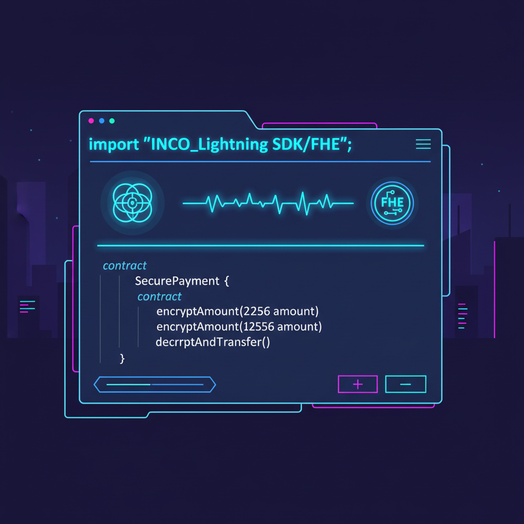 futuristic Solidity code editor importing INCO Lightning SDK with glowing FHE symbols, cyberpunk neon blues, code lines pulsing