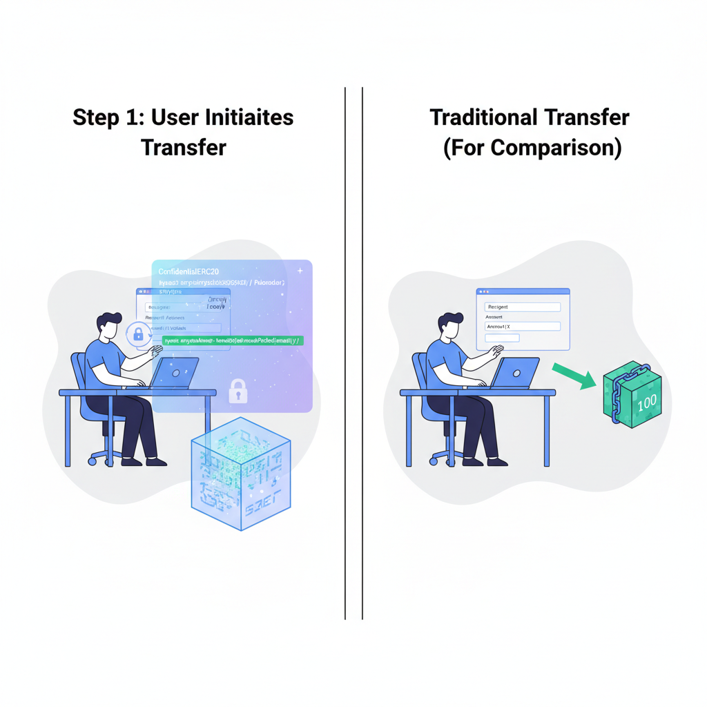 Solidity code snippet for ConfidentialERC20 with encrypted euint256 balances, holographic data visualization