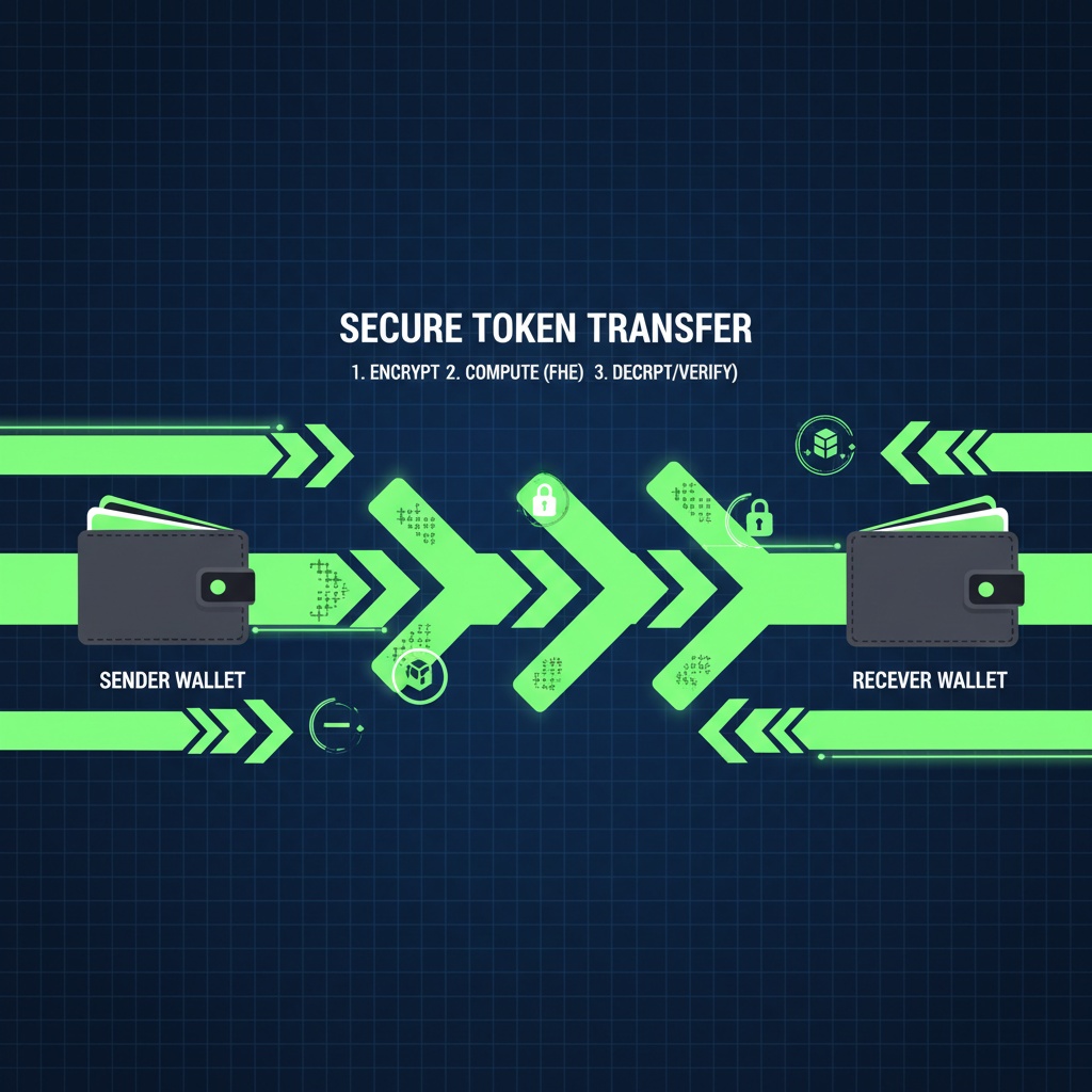 secure token transfer flow with encrypted arrows between wallets, FHE math symbols adding subtracting, neon green secure paths