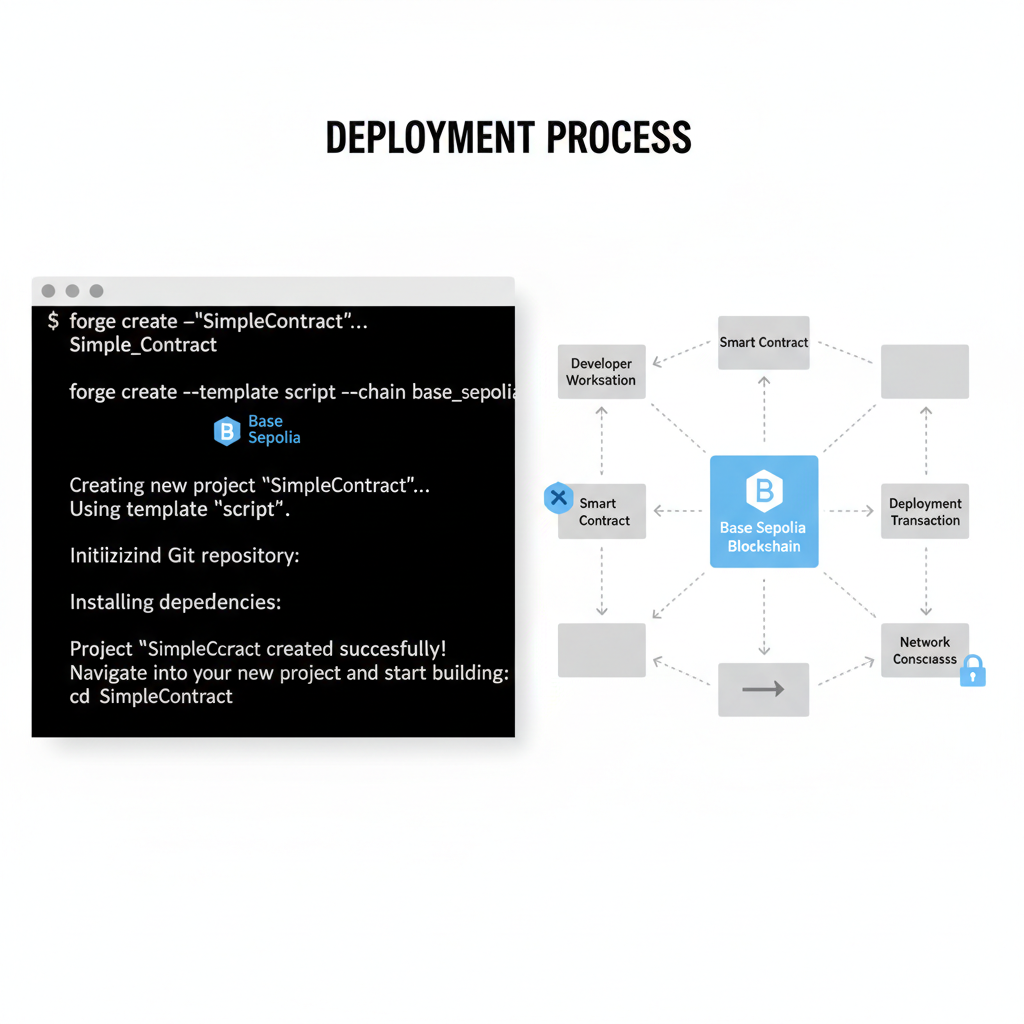 deployment terminal output with forge create on Base Sepolia, blockchain network diagram