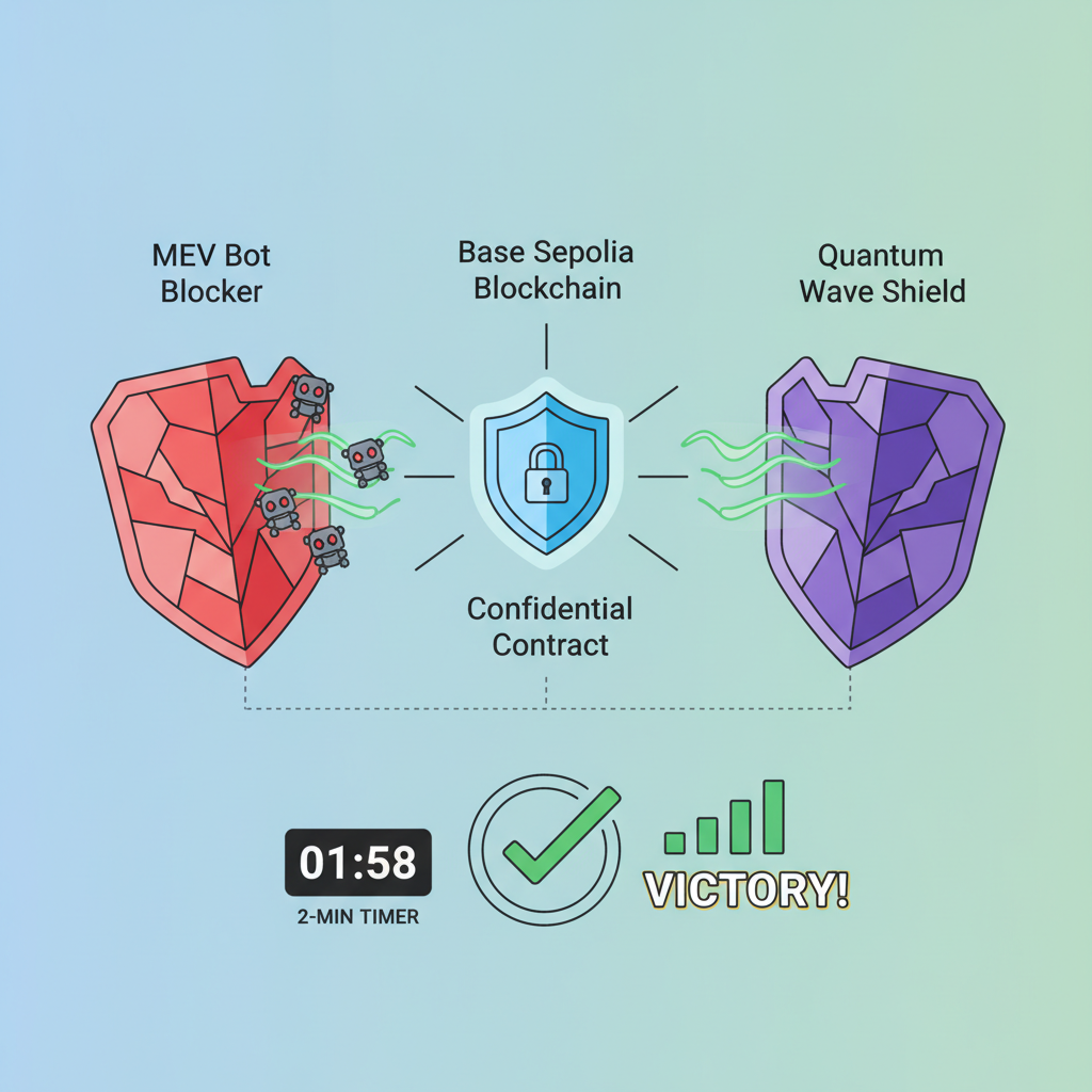 Base Sepolia blockchain deploying confidential contract, shields blocking MEV bots and quantum waves, victory dashboard with 2-min timer