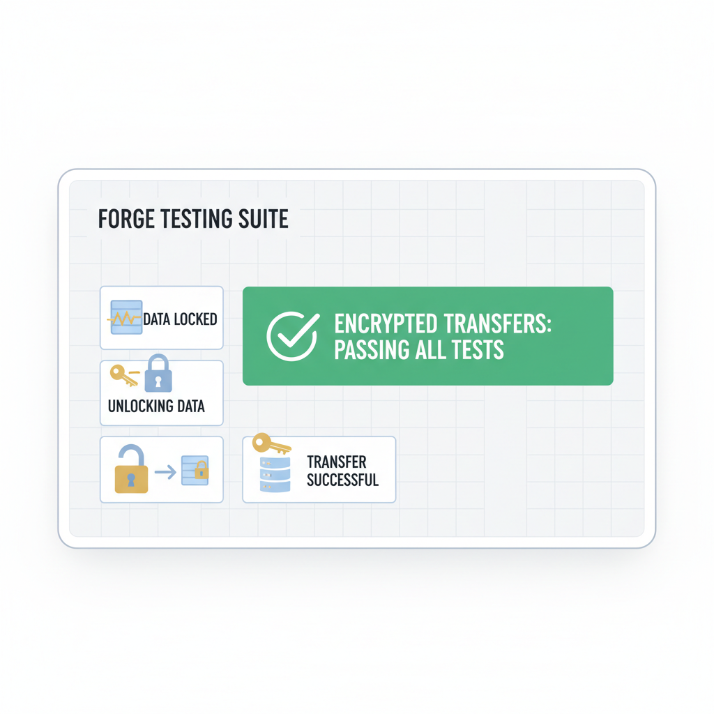 testing dashboard with passing Forge tests for encrypted transfers, lock and key icons unlocking data