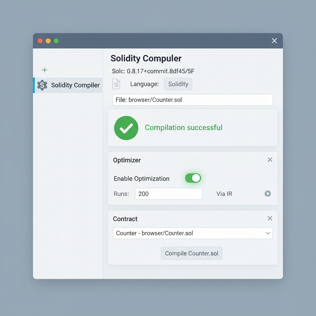 Remix Solidity Compiler interface compiling Counter.sol successfully, green checkmark, optimizer settings visible, clean UI