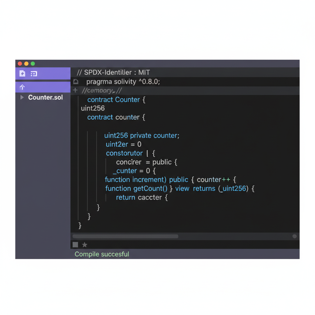 Solidity code editor in Remix showing Counter.sol contract with increment and getCount functions, syntax highlighted, dark theme