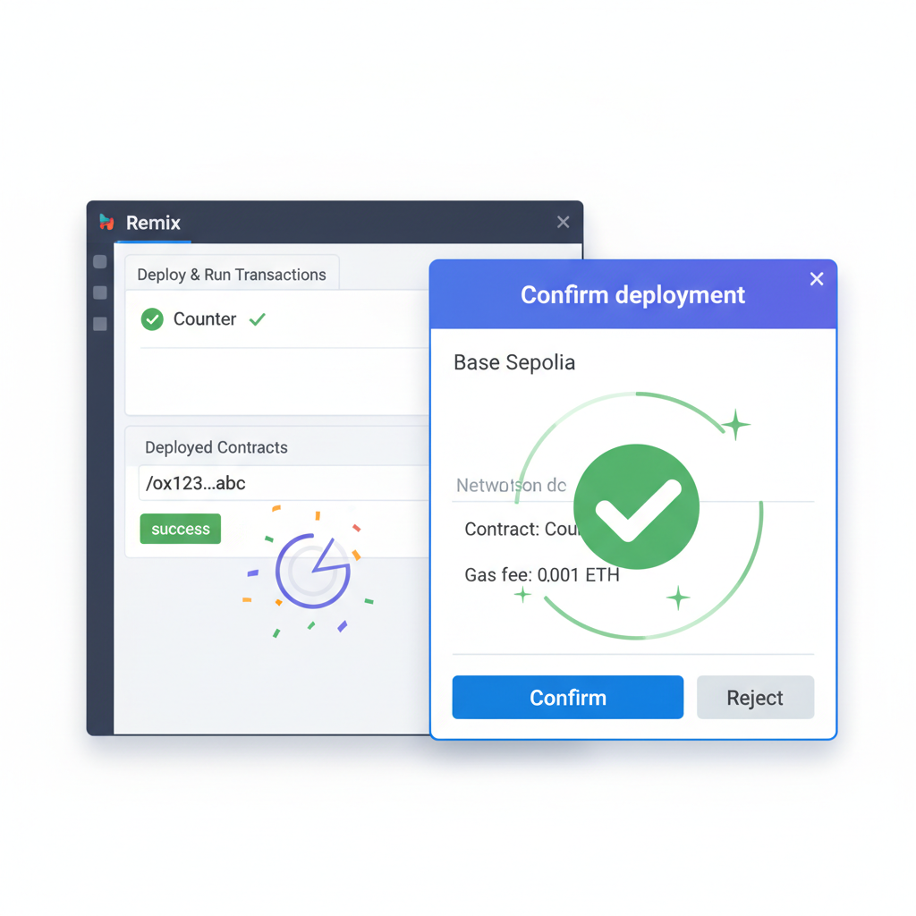 Remix deploy panel showing Counter contract deployment transaction confirmation in MetaMask, Base Sepolia network, success animation