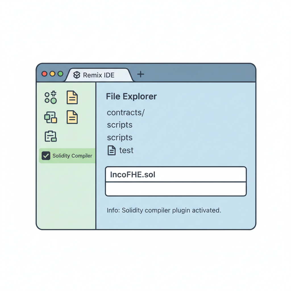 Solidity code with INCO Lightning import, euint256 encrypted types, FHE operations like count + euint256.wrap(1), Remix editor