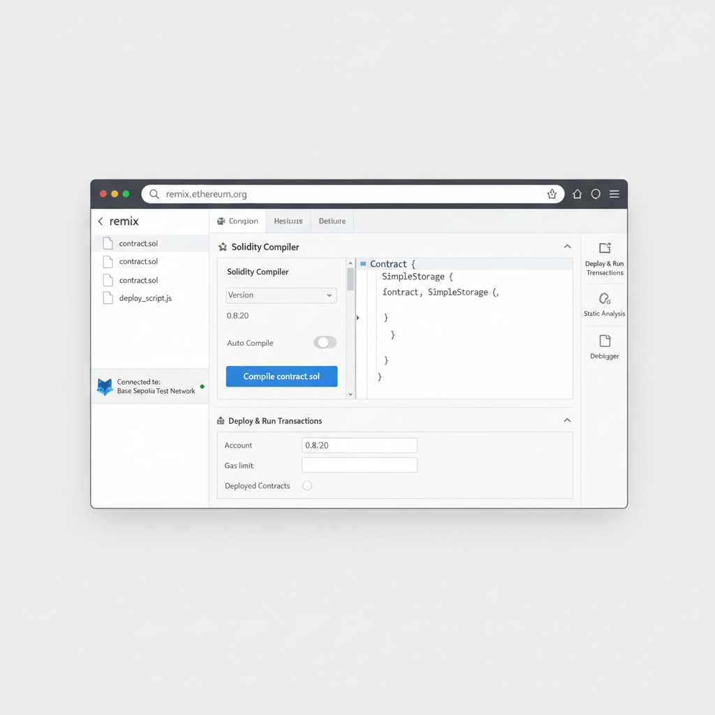 clean screenshot of Remix IDE dashboard connected to MetaMask Base Sepolia network, Solidity compiler visible, professional web3 dev setup
