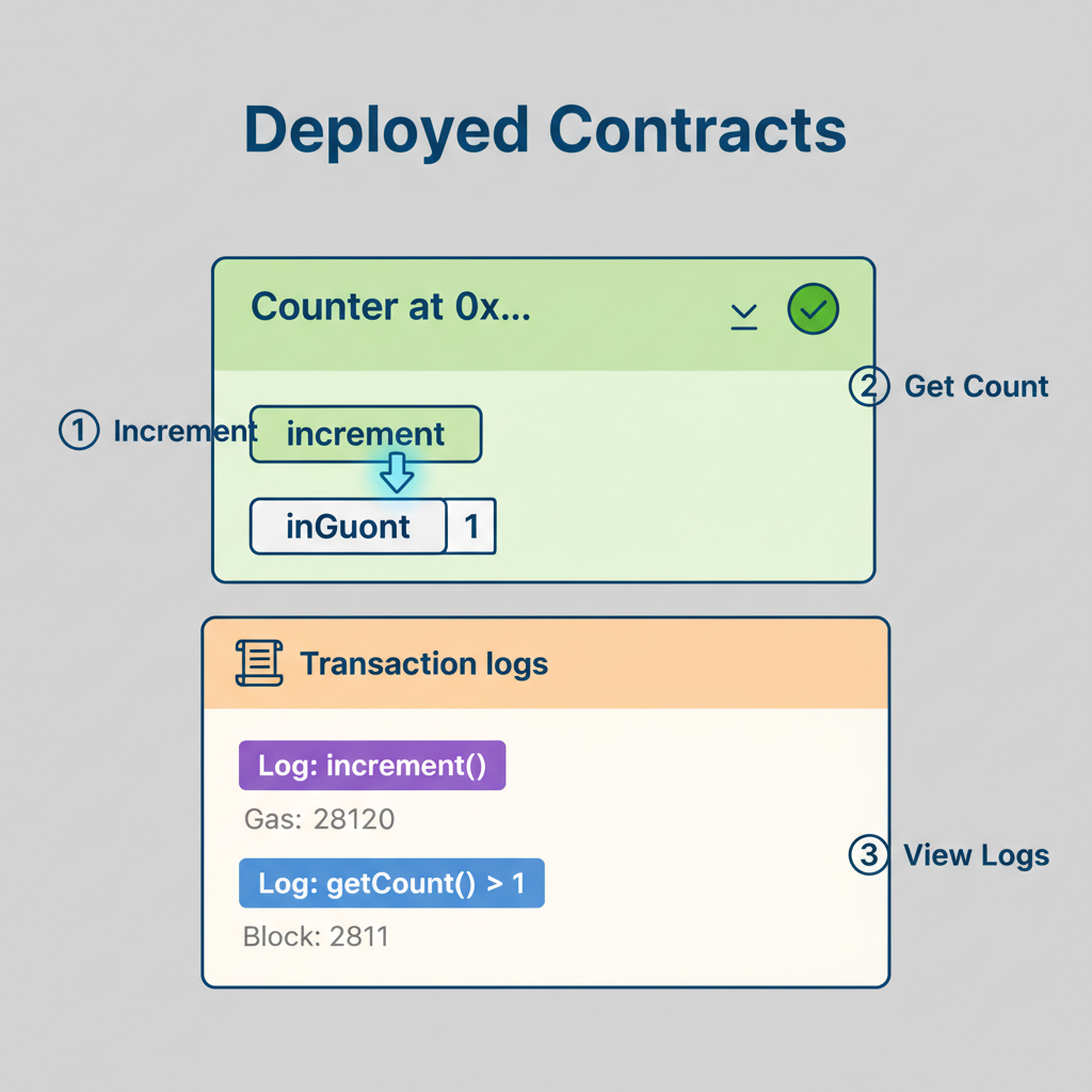 Remix deployed contracts section with Counter instance, increment call executed, getCount showing value 1, transaction logs