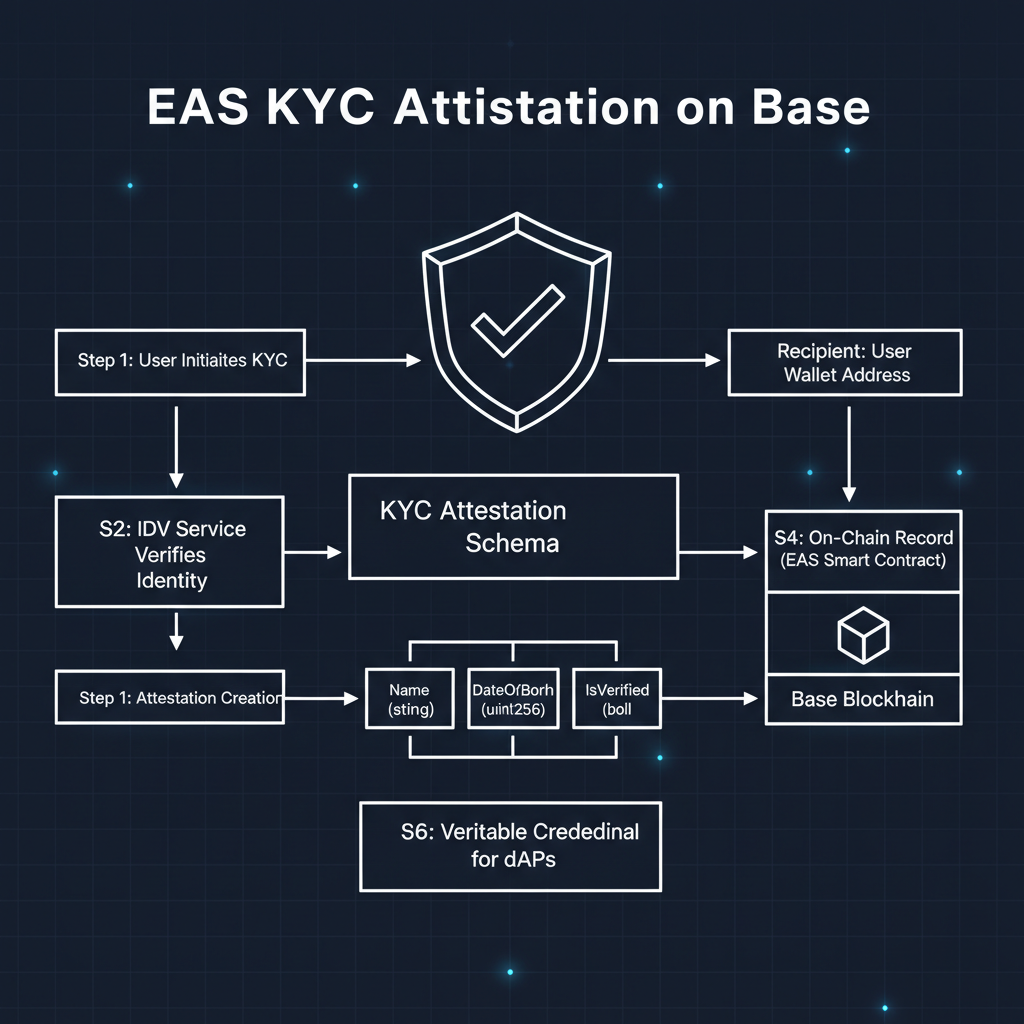 EAS schema diagram for KYC attestation on Base blockchain, clean blueprint style