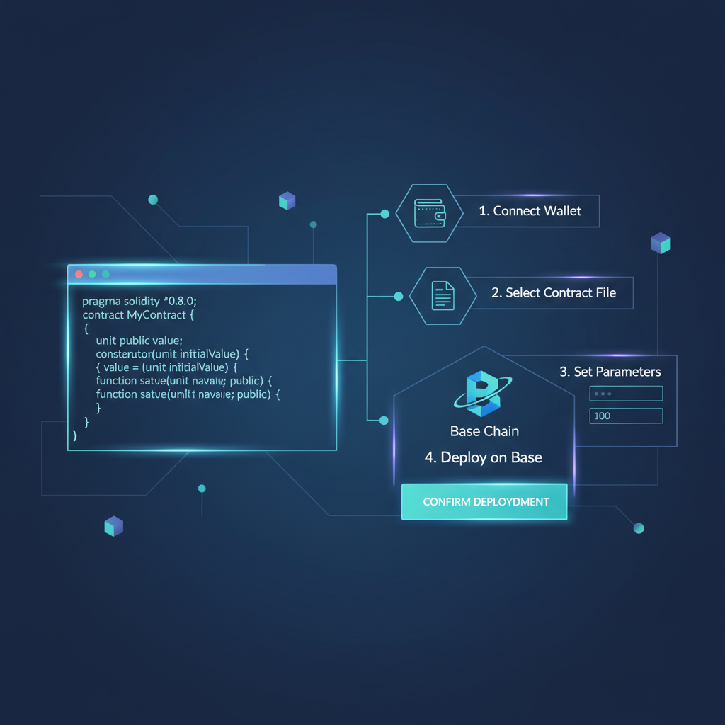 Solidity smart contract deployment on Base chain, code snippet glowing, futuristic UI