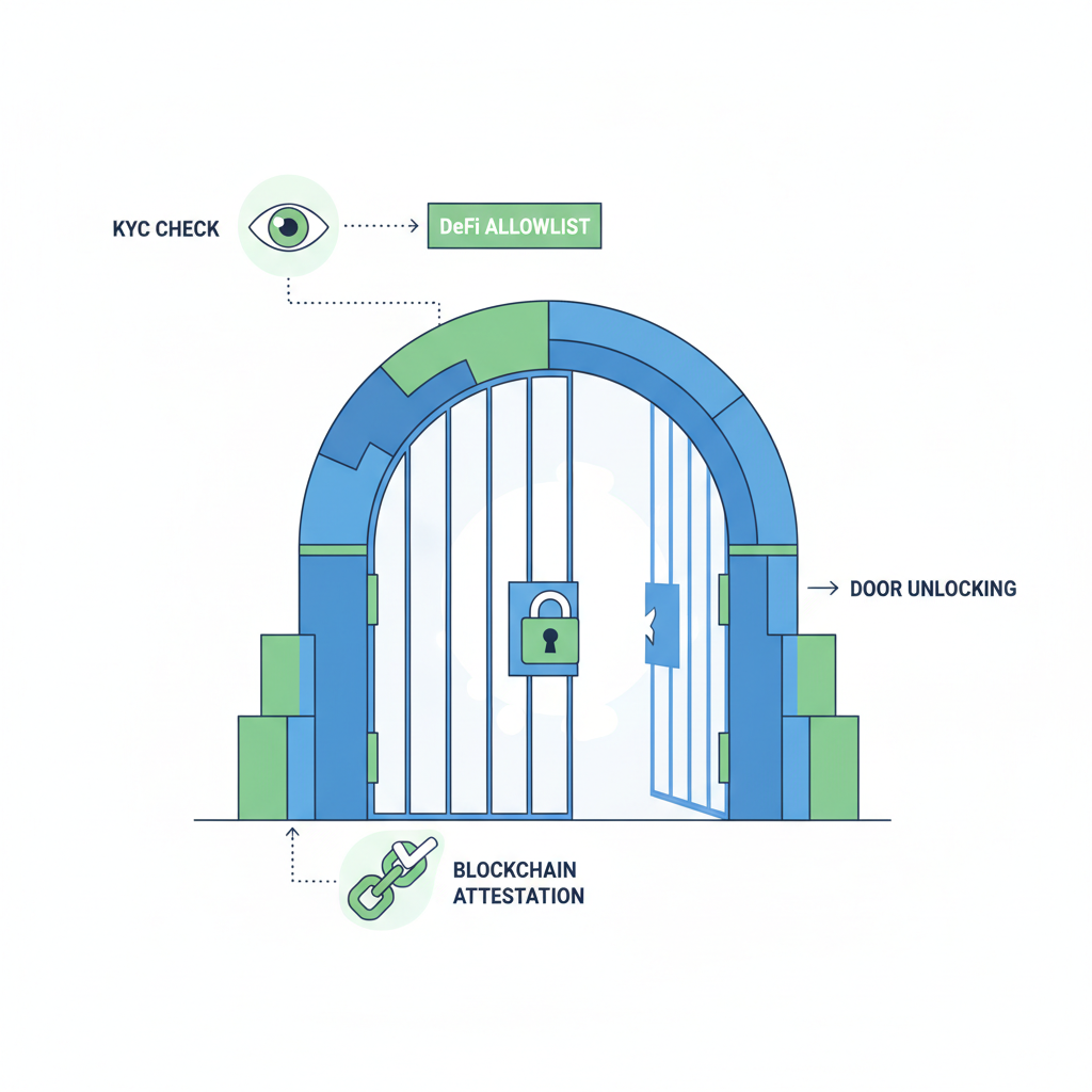 DeFi allowlist gate with KYC check, locked door unlocking via blockchain attestation