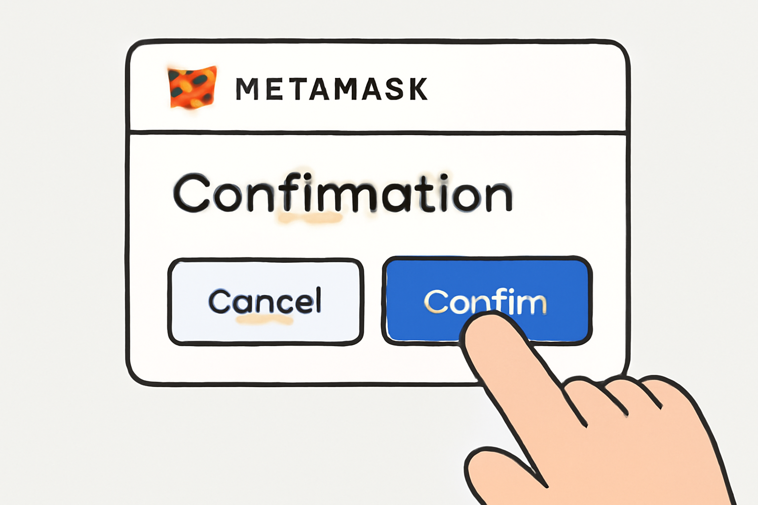 A MetaMask confirmation popup on screen, with a finger about to click 'Confirm'