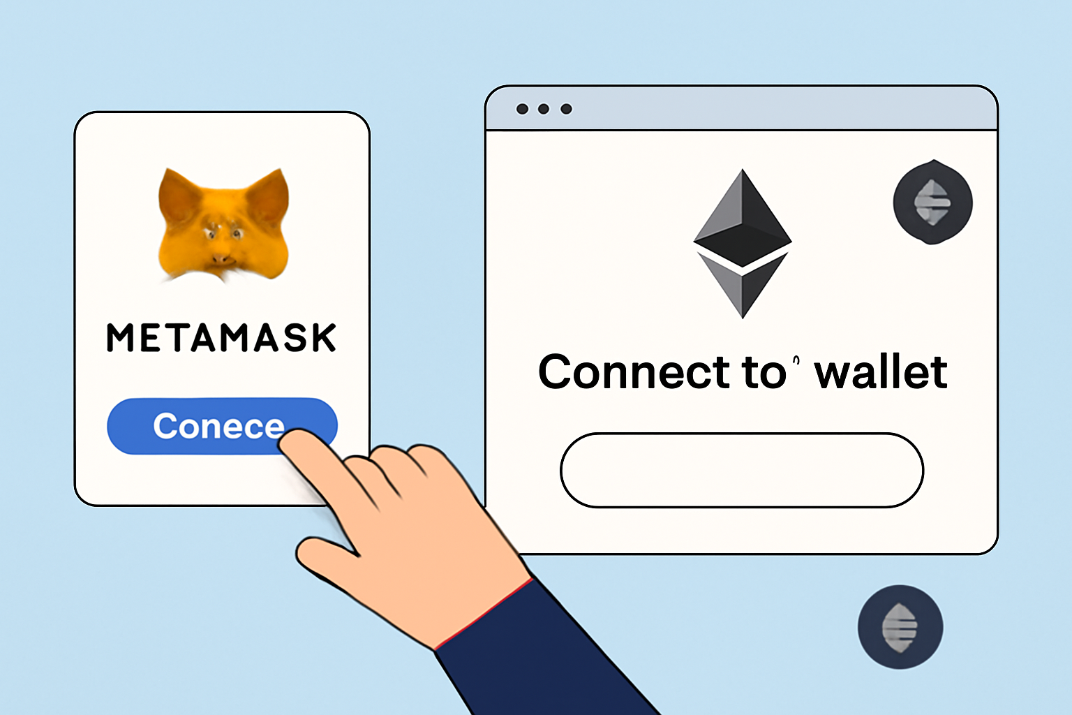 A hand connecting a MetaMask wallet to a web app interface, with Ethereum logos visible