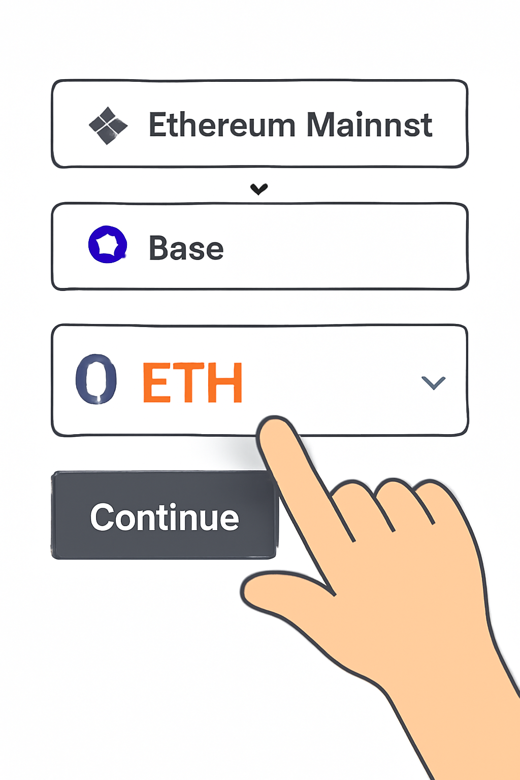 A user selecting Ethereum Mainnet and Base networks, choosing ETH, and entering an amount on a sleek web interface