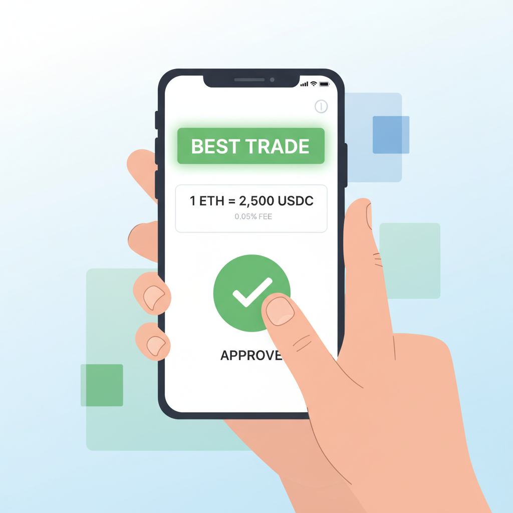 User approving green highlighted best trade quote on mobile DEX app, checkmark button