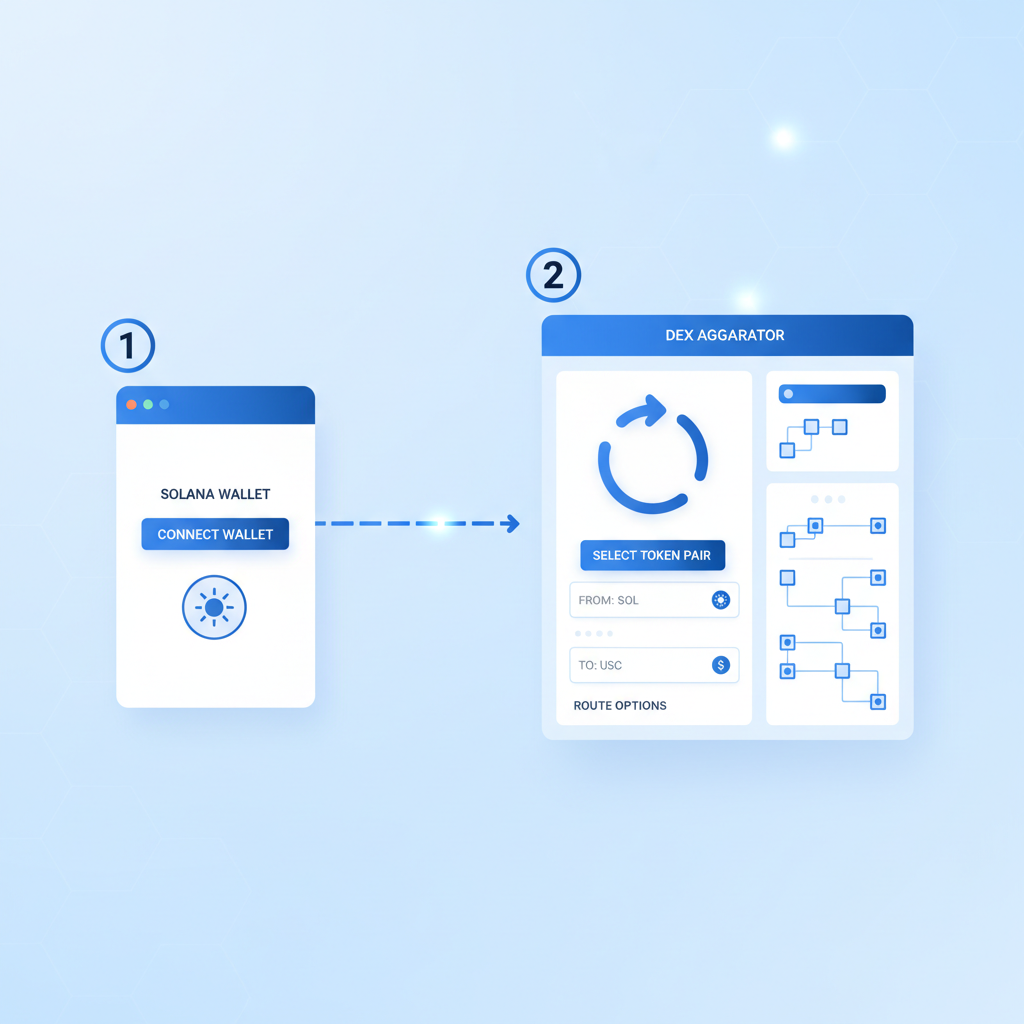 Solana wallet connecting to DEX aggregator UI, clean futuristic interface, blue tones