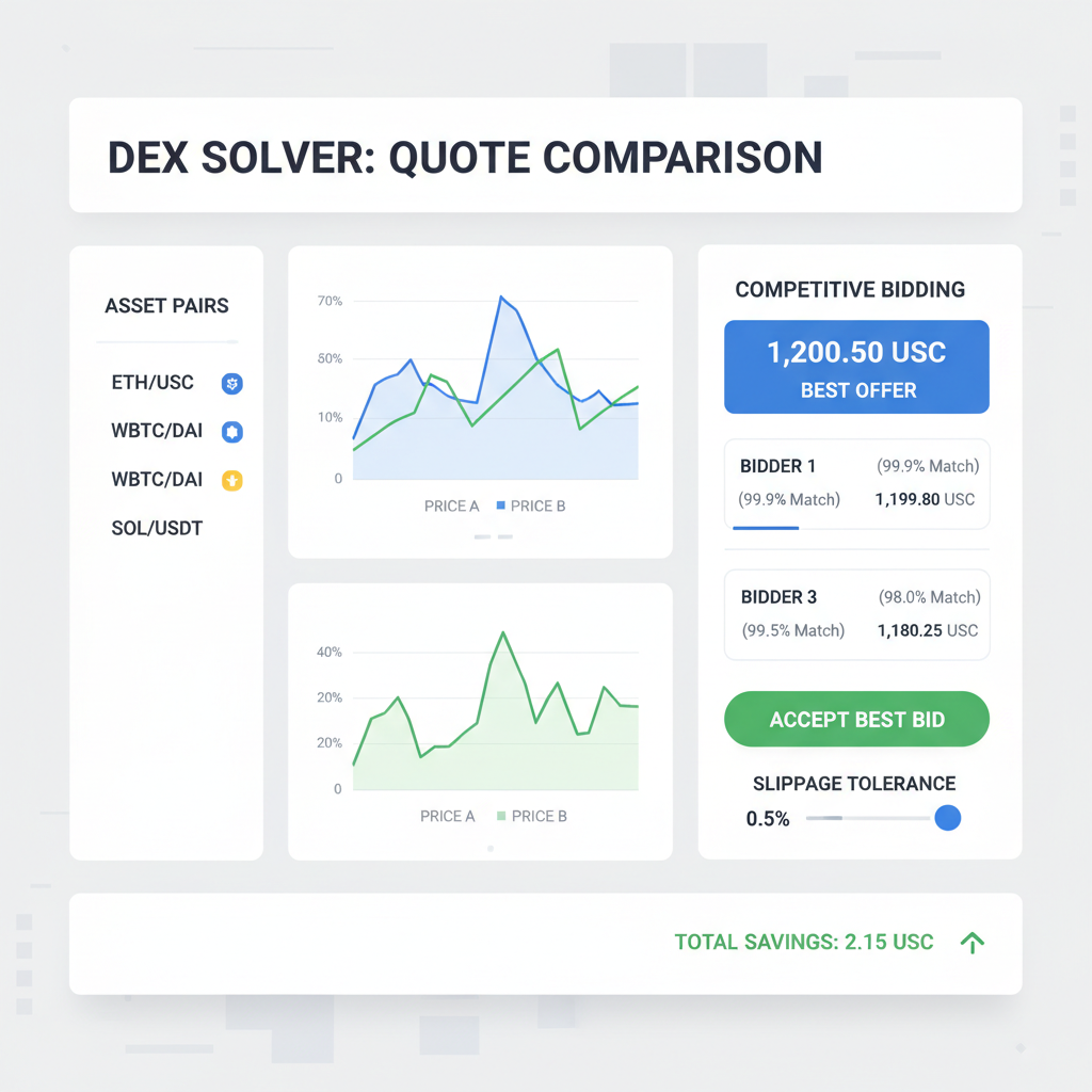 DEX solver quotes comparison screen, charts and prices, competitive bidding UI