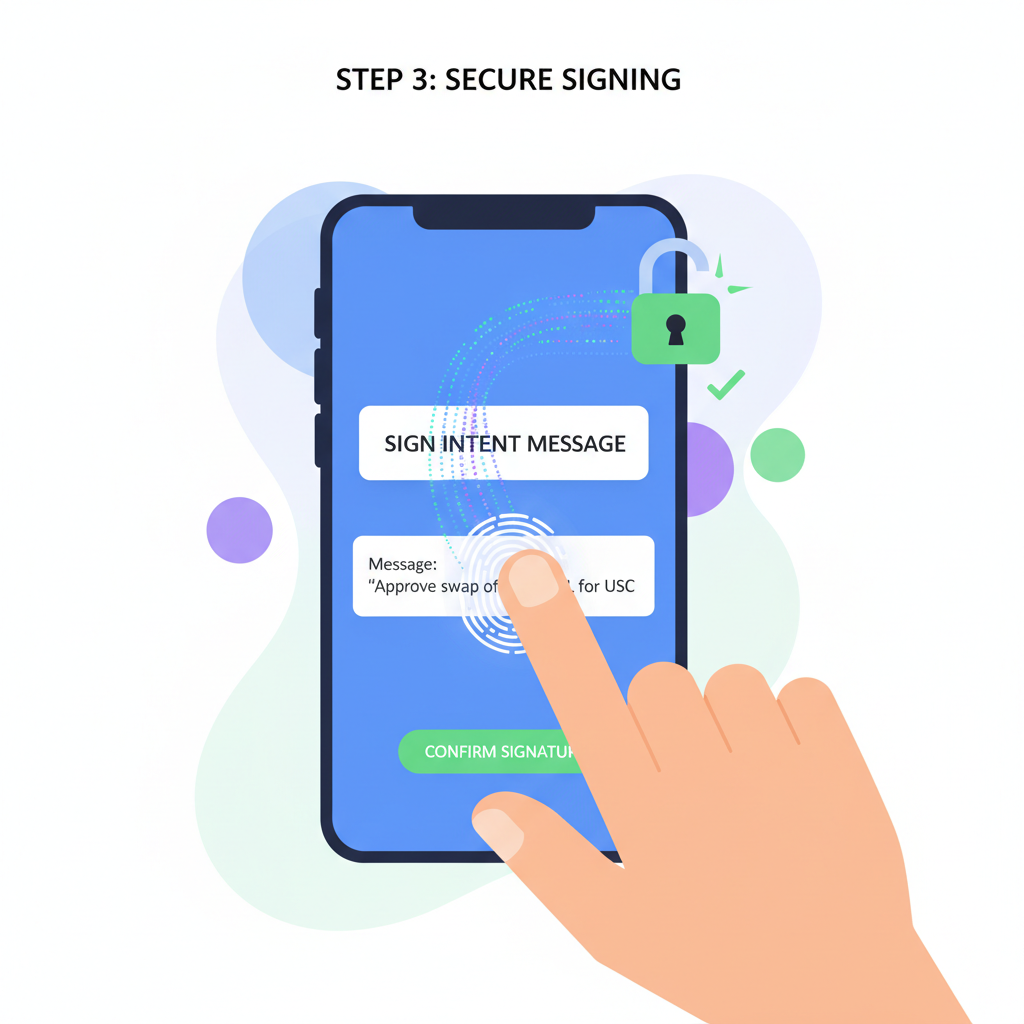 User signing intent message on Solana DEX app, signature animation, secure lock icon