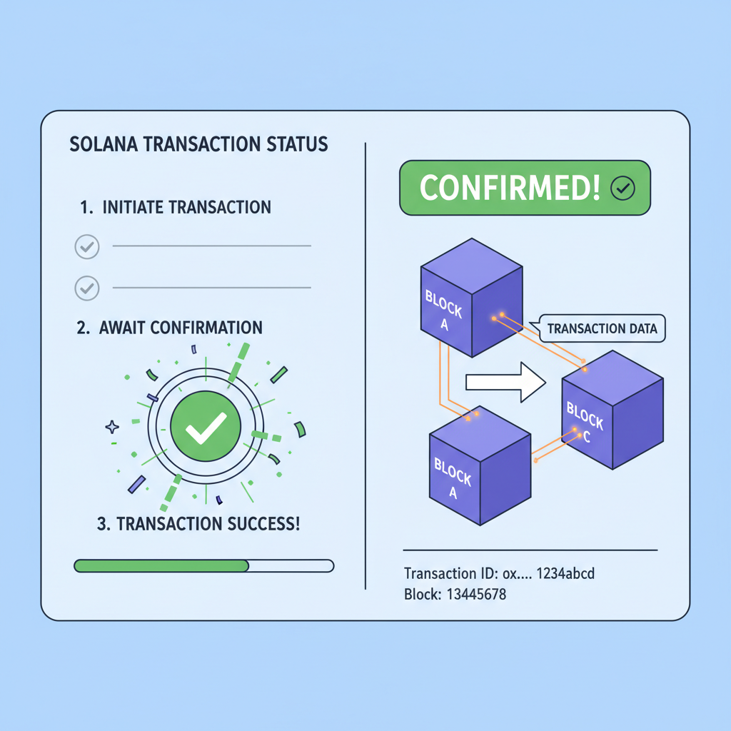 Transaction tracking dashboard with success animation, Solana blockchain visualization