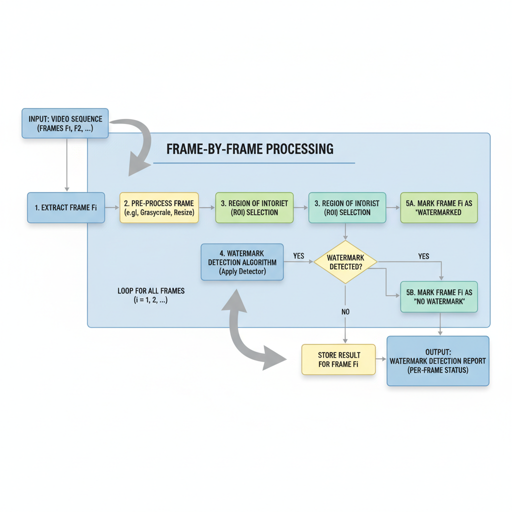 flowchart of frame-by-frame watermark detection pipeline scanning video sequence professional diagram