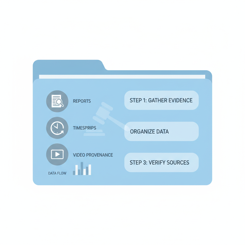 legal documentation folder with watermark reports timestamps video provenance icons