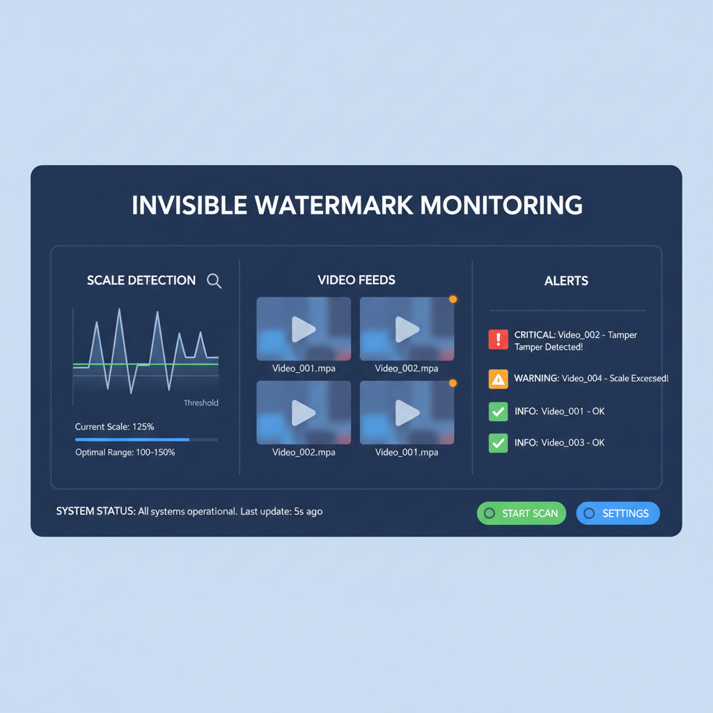dashboard monitoring invisible watermarks in videos scale detection alerts professional UI