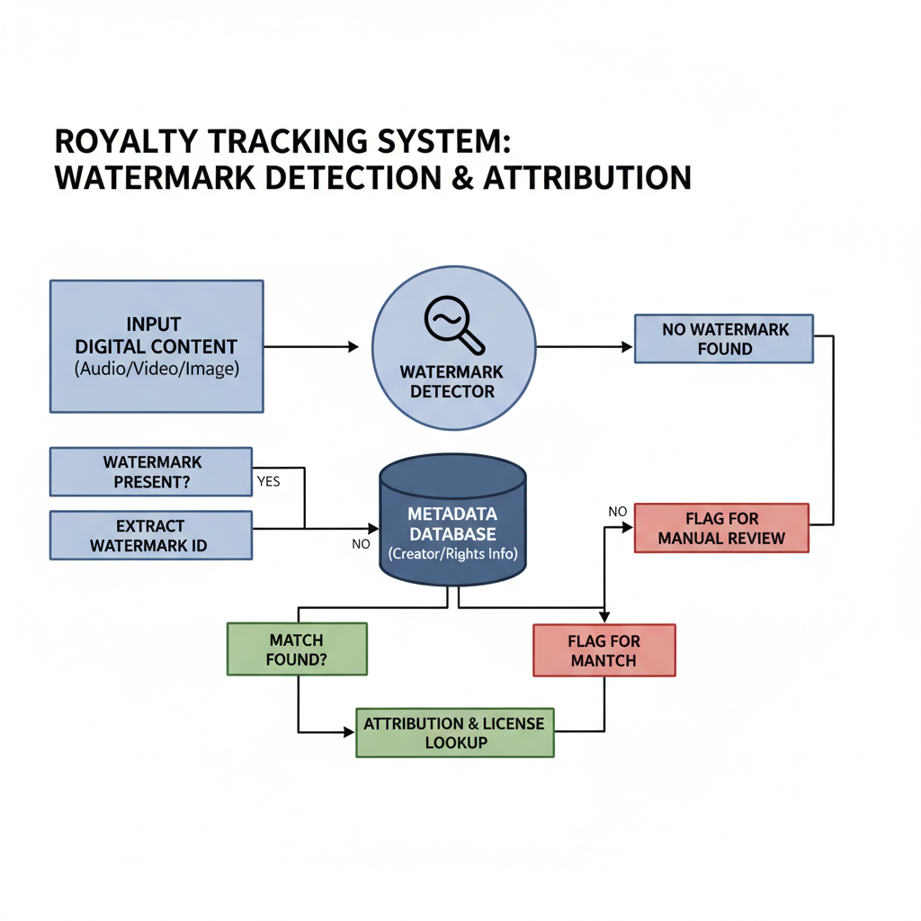 schematic of royalty tracking system watermark detection linked to database attribution flowchart