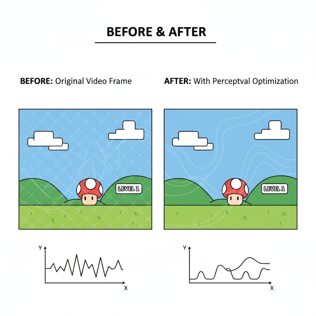 before-after comparison of video frame with and without invisible watermark perceptual optimization graph