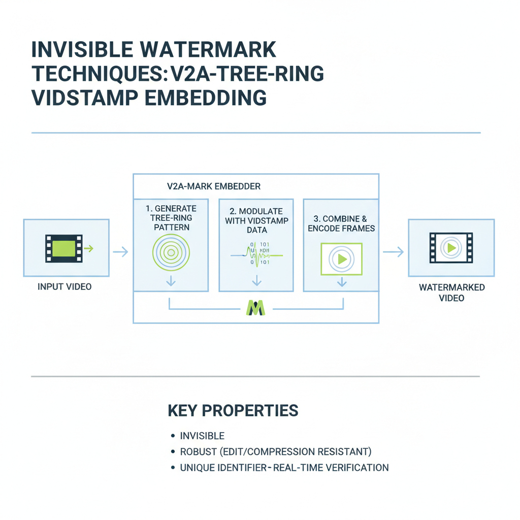 diagram of invisible watermark techniques V2A-Mark Tree-Ring VIDSTAMP embedding into video frames professional infographic