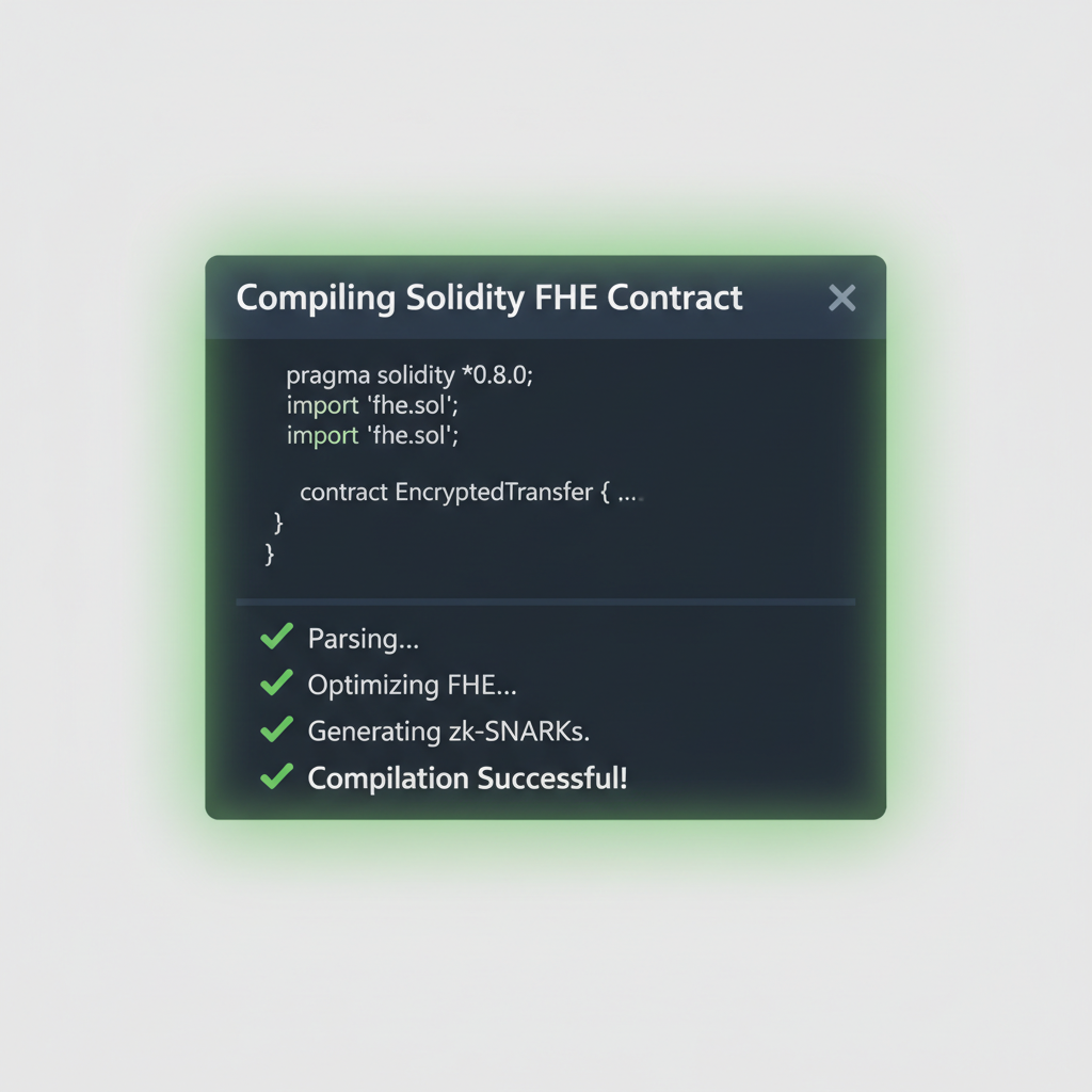 terminal compiling Solidity FHE contract, success checkmarks, green glow