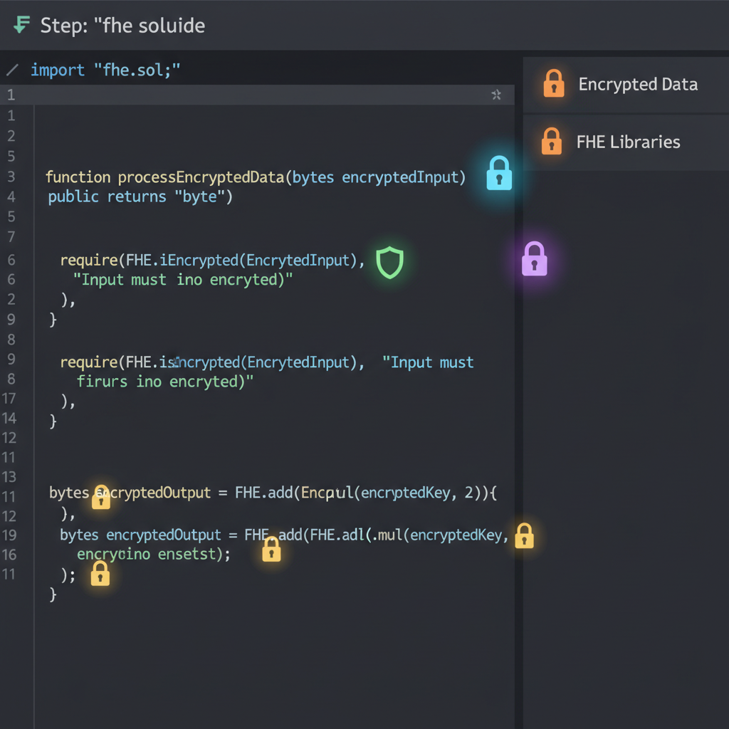 Solidity code importing FHE libraries, encrypted data icons glowing, dark mode editor