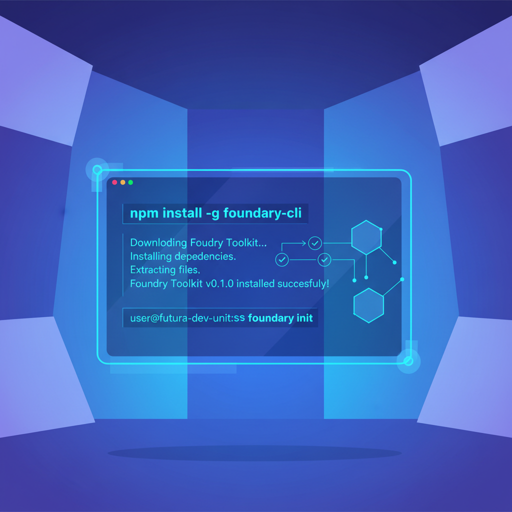developer terminal installing Foundry toolkit, futuristic blockchain UI, neon blues
