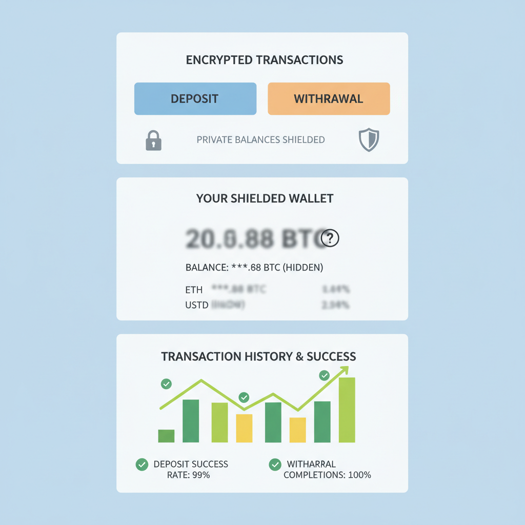 testing encrypted deposit withdrawal UI, private balances shielded, success graphs