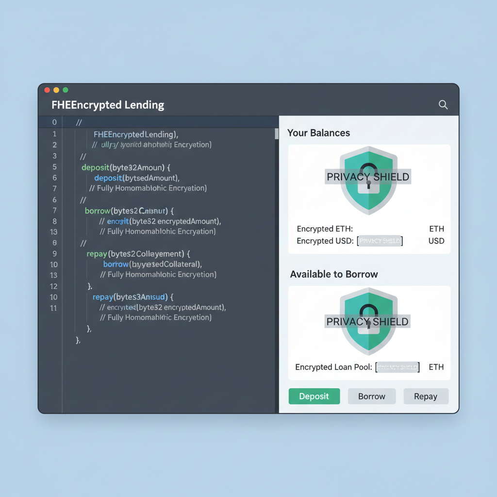 Solidity code editor with FHE encrypted lending contract, privacy shields over balances