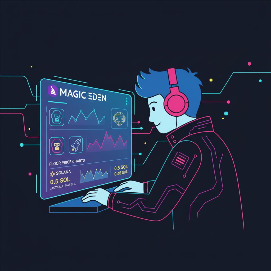 gamer analyzing NFT floor price charts on Magic Eden interface, holographic display, Solana blockchain vibe, cyberpunk style