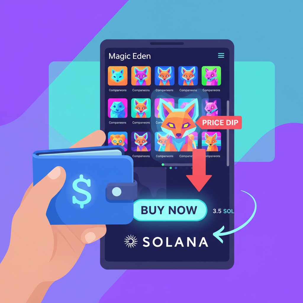 wallet purchasing glowing Companeons NFT during price dip, Magic Eden marketplace screen, vibrant digital art, Solana theme