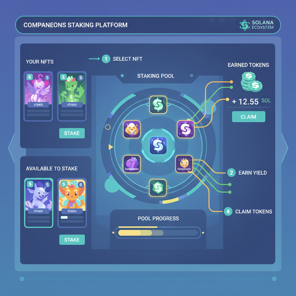 Companeons NFT staking interface, glowing yield icons, tokens flowing in, futuristic gaming UI, Solana ecosystem